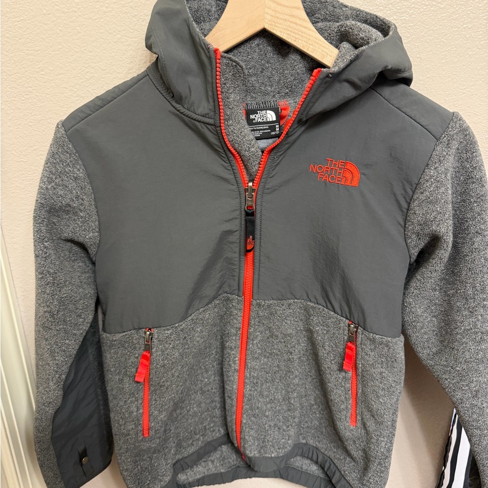 The North Face Gray and Red Kids' Hooded Fleece Jacket